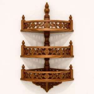 Handcrafted Wooden Corner Wall Shelf with Floral Carving